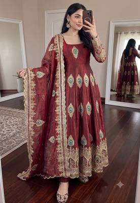 Heavy peacock embroidered maroon anarkali suit set with dupatta & pant 2