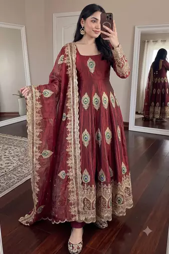 Heavy peacock embroidered maroon anarkali suit set with dupatta & pant