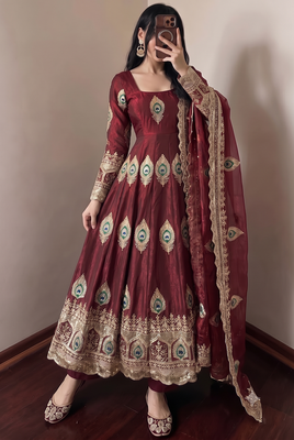 Heavy peacock embroidered maroon anarkali suit set with dupatta & pant 3