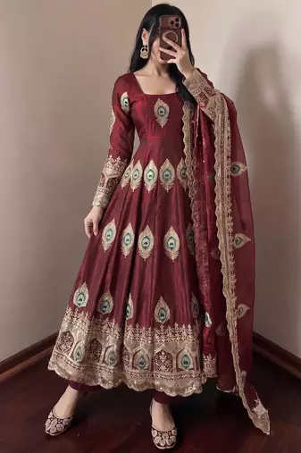 Heavy peacock embroidered maroon anarkali suit set with dupatta & pant