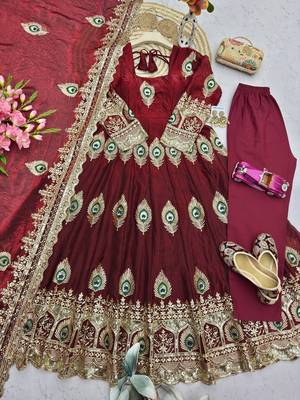 Heavy peacock embroidered maroon anarkali suit set with dupatta & pant 4