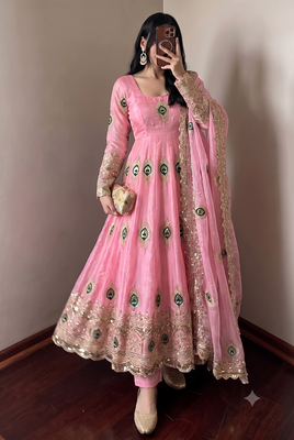 Heavy peacock embroidered pink anarkali suit set with dupatta & pant 1