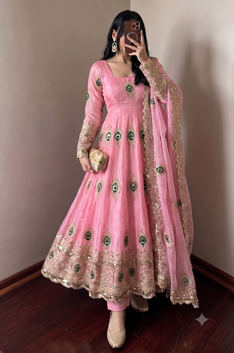 Heavy peacock embroidered pink anarkali suit set with dupatta & pant