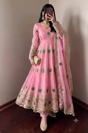 Heavy peacock embroidered pink anarkali suit set with dupatta & pant