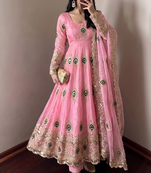Heavy peacock embroidered pink anarkali suit set with dupatta & pant