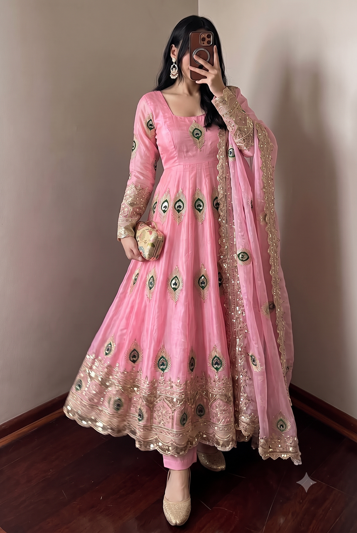Heavy peacock embroidered pink anarkali suit set with dupatta & pant