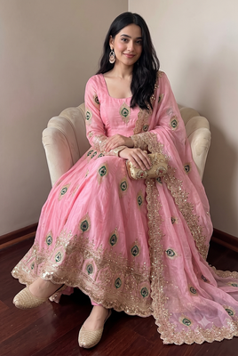 Heavy peacock embroidered pink anarkali suit set with dupatta & pant 2