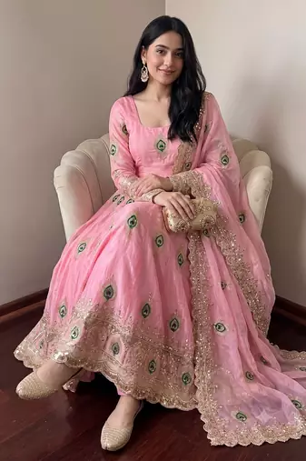 Heavy peacock embroidered pink anarkali suit set with dupatta & pant