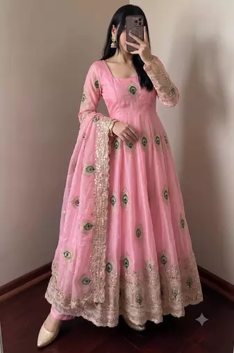 Heavy peacock embroidered pink anarkali suit set with dupatta & pant