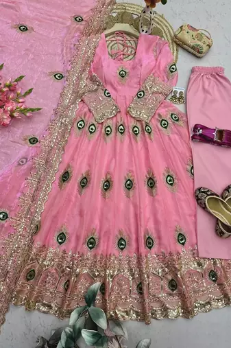 Heavy peacock embroidered pink anarkali suit set with dupatta & pant