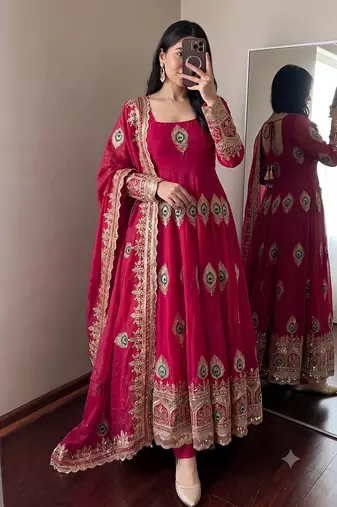 Heavy peacock embroidered rani pink anarkali suit set with dupatta & pant