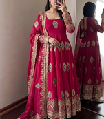Heavy peacock embroidered rani pink anarkali suit set with dupatta & pant