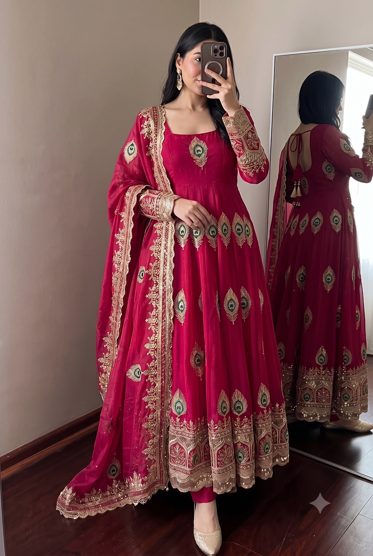 Heavy peacock embroidered rani pink anarkali suit set with dupatta & pant