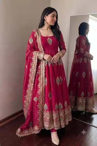 Heavy peacock embroidered rani pink anarkali suit set with dupatta & pant