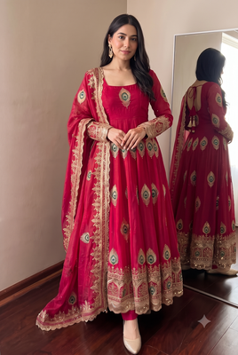 Heavy peacock embroidered rani pink anarkali suit set with dupatta & pant 3
