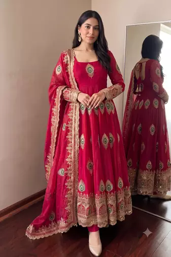 Heavy peacock embroidered rani pink anarkali suit set with dupatta & pant