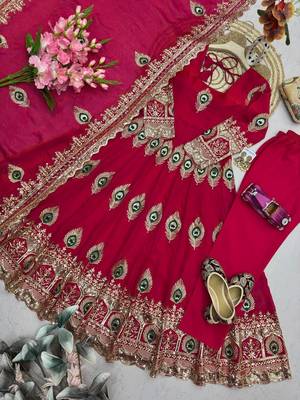 Heavy peacock embroidered rani pink anarkali suit set with dupatta & pant 4