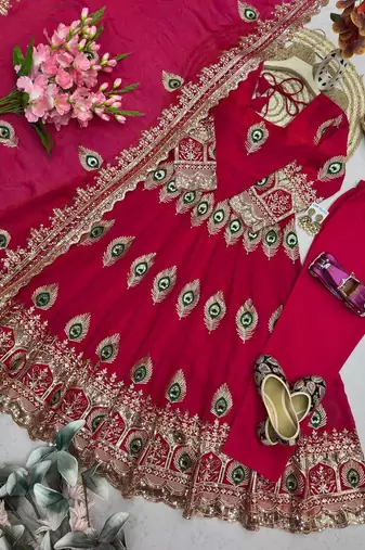 Heavy peacock embroidered rani pink anarkali suit set with dupatta & pant