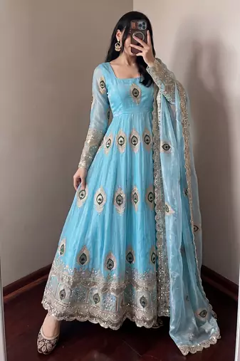 Heavy peacock embroidered sky blue anarkali suit set with dupatta & pant