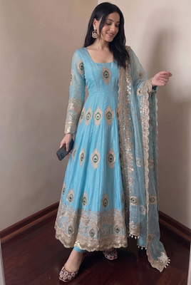 Heavy peacock embroidered sky blue anarkali suit set with dupatta & pant 2