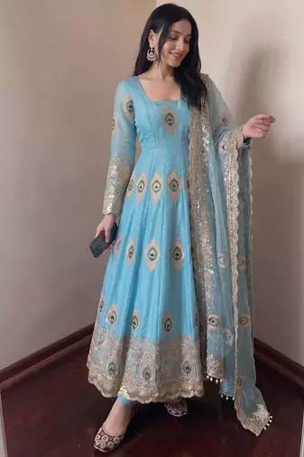 Heavy peacock embroidered sky blue anarkali suit set with dupatta & pant