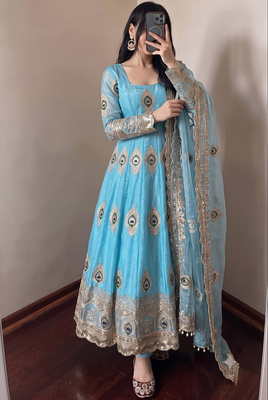 Heavy peacock embroidered sky blue anarkali suit set with dupatta & pant 3