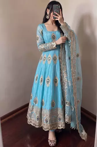 Heavy peacock embroidered sky blue anarkali suit set with dupatta & pant