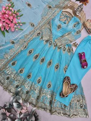 Heavy peacock embroidered sky blue anarkali suit set with dupatta & pant 4