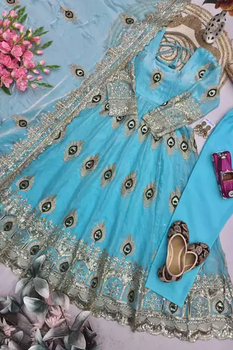 Heavy peacock embroidered sky blue anarkali suit set with dupatta & pant