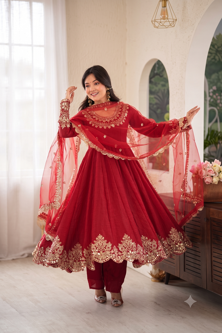 Designer red anarkali suit set for women