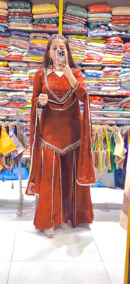 Women rust orange embroidered short kurti with sharara & dupatta set 1