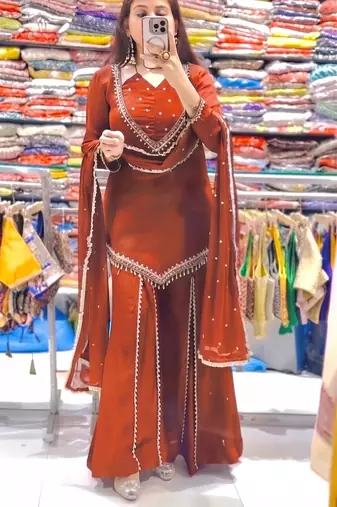 Women rust orange embroidered short kurti with sharara & dupatta set
