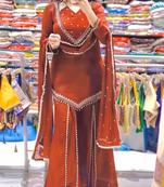 Women rust orange embroidered short kurti with sharara & dupatta set