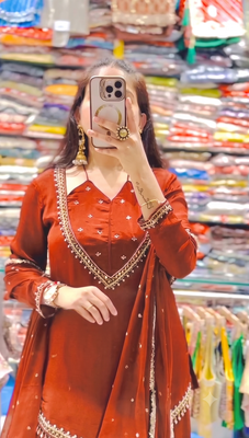 Women rust orange embroidered short kurti with sharara & dupatta set 2