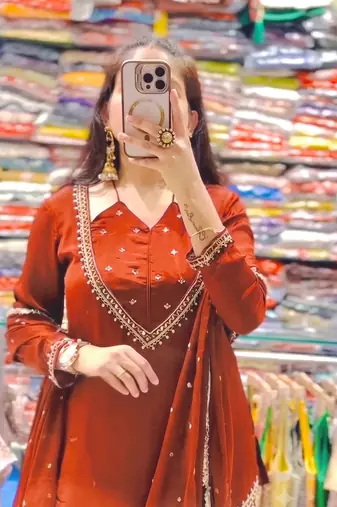 Women rust orange embroidered short kurti with sharara & dupatta set