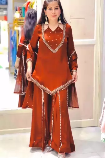 Women rust orange embroidered short kurti with sharara & dupatta set