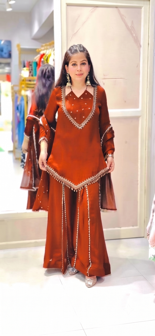 Women rust orange embroidered short kurti with sharara & dupatta set