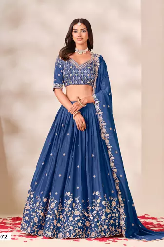 Royal Blue Silk Blend Semi Stitced Lehenga Choli with Thread & Sequence Work