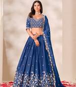 Royal Blue Silk Blend Semi Stitced Lehenga Choli with Thread & Sequence Work