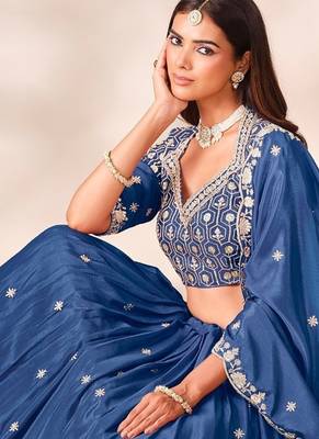 Royal Blue Silk Blend Semi Stitced Lehenga Choli with Thread & Sequence Work 2