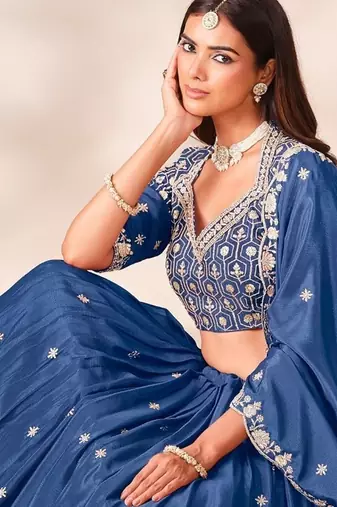 Royal Blue Silk Blend Semi Stitced Lehenga Choli with Thread & Sequence Work