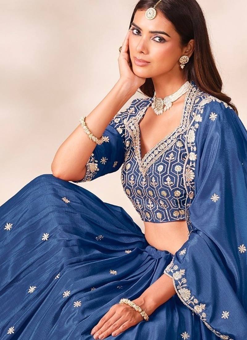 Royal Blue Silk Blend Semi Stitced Lehenga Choli with Thread & Sequence Work