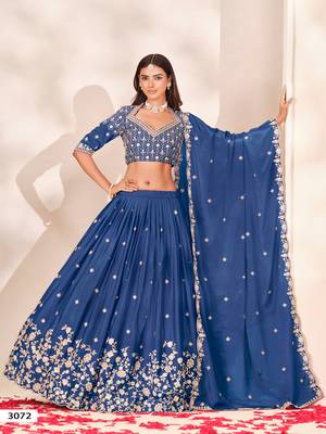 Royal Blue Silk Blend Semi Stitced Lehenga Choli with Thread & Sequence Work 3