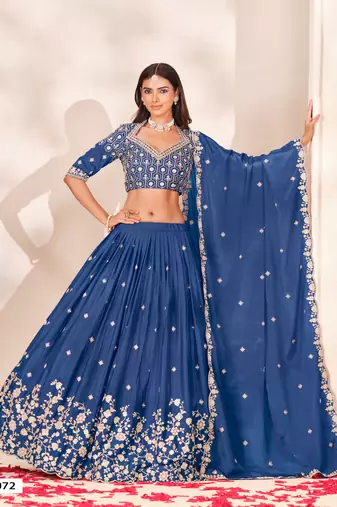Royal Blue Silk Blend Semi Stitced Lehenga Choli with Thread & Sequence Work
