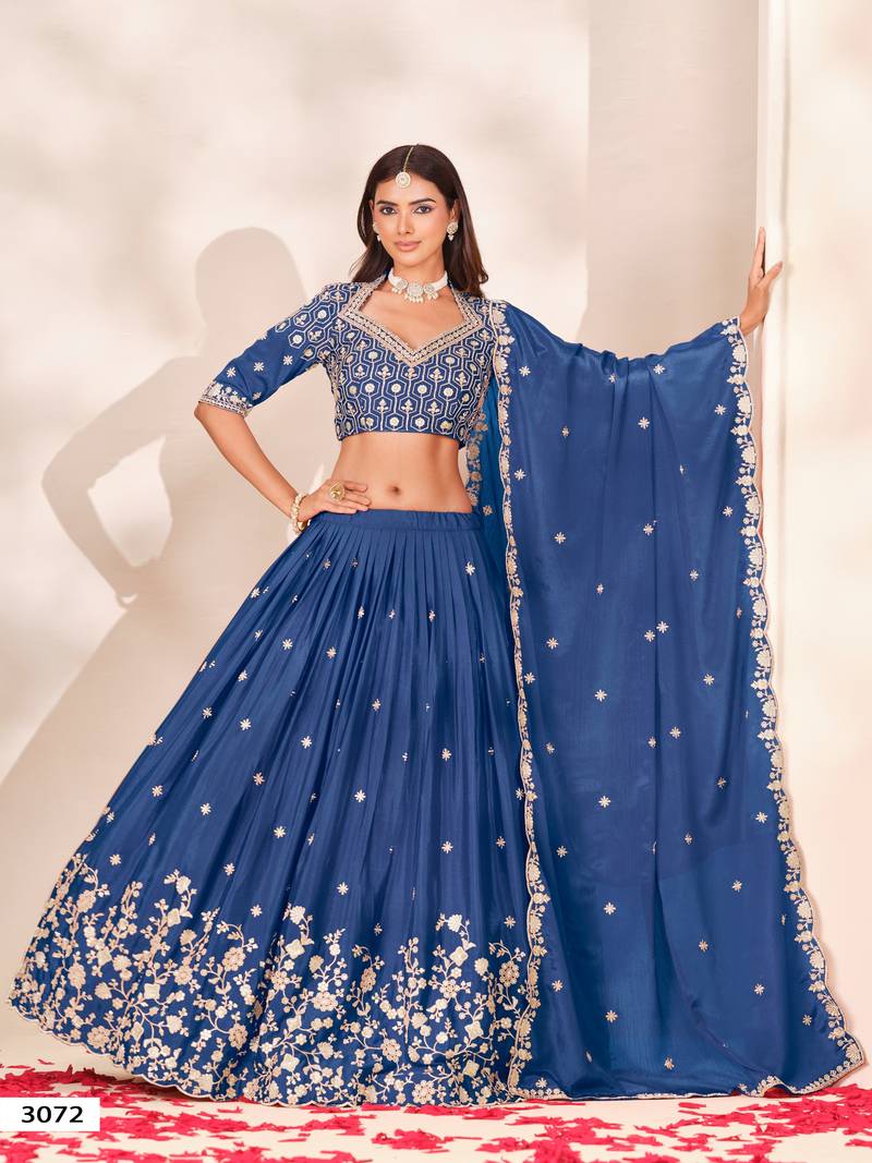 Royal Blue Silk Blend Semi Stitced Lehenga Choli with Thread & Sequence Work
