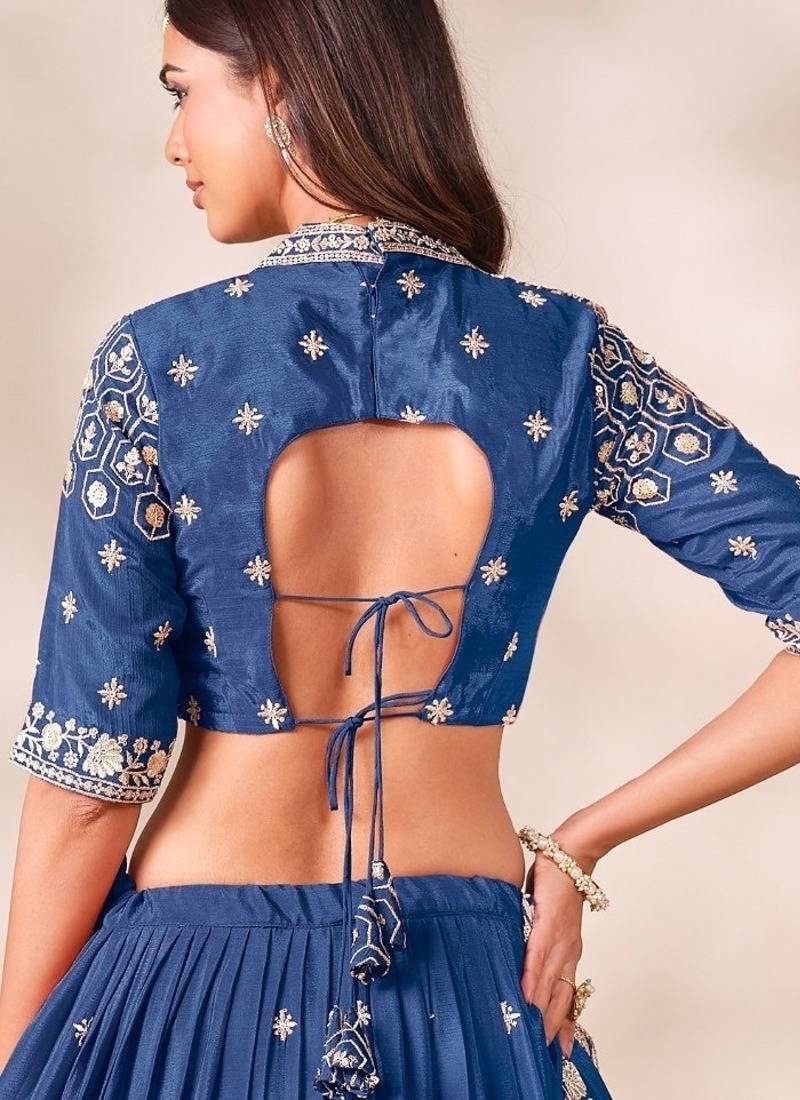 Royal Blue Silk Blend Semi Stitced Lehenga Choli with Thread & Sequence Work
