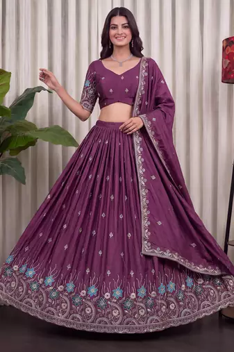 Mauve Silk Blend Semi Stitced Lehenga Choli with Thread & Sequence Work