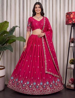 Pink Silk Blend Semi Stitced Lehenga Choli with Thread & Sequence Work 1