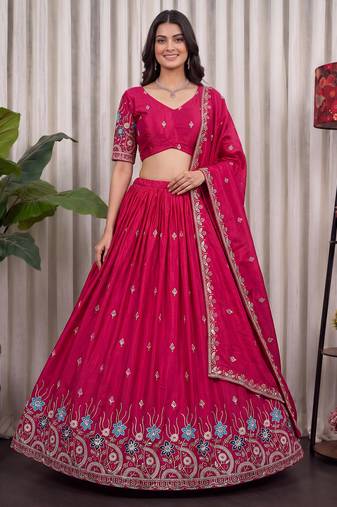Pink Silk Blend Semi Stitced Lehenga Choli with Thread & Sequence Work
