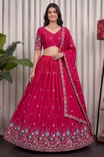 Pink Silk Blend Semi Stitced Lehenga Choli with Thread & Sequence Work